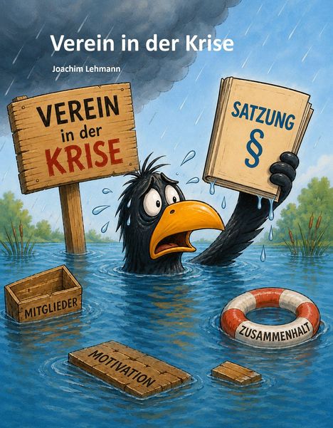 "Verein in der Krise", Joachim Lehmann. Ein Rabe im Wasser hält „Satzung“. Kisten „Mitglieder“, „Motivation“. Ring „Zusammenhalt“.