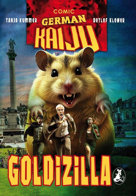 "Goldizilla", "German Kaiju", Comic. Ein riesiger Hamster jagt schreiende Menschen in einer Stadt.
