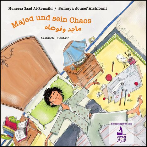Text: "Majed und sein Chaos. Arabisch - Deutsch. Herausgegeben von DIVAN."  
Illustration: Kind liegt in chaotischem Zimmer.