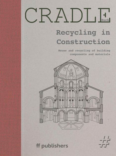 "CRADLE", "Recycling in Construction", "Reuse and recycling of building components and materials", "ff publishers". Illustration: Gebäudequerschnitt.
