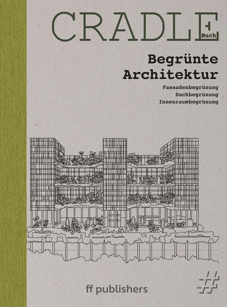 „CRADLE Begrünte Architektur“ steht oben. Eine Zeichnung eines Gebäudes mit Pflanzen. Links ein grüner Streifen.