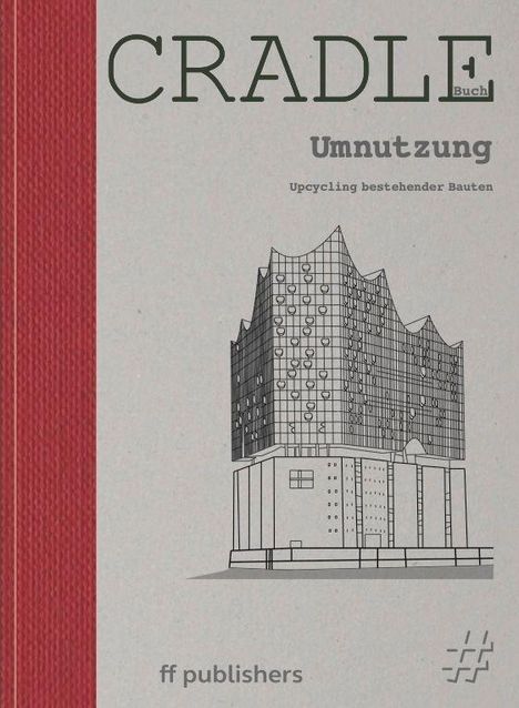 "CRADLE Buch: Umnutzung, Upcycling bestehender Bauten" steht neben einer Architekturzeichnung. "ff publishers" unten.