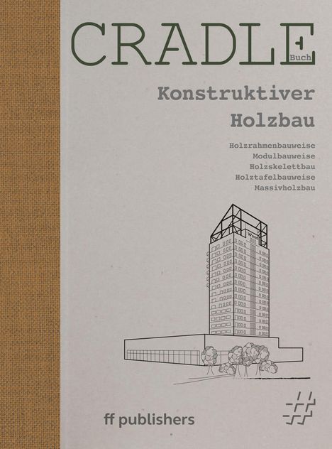 "CRADLE Buch. Konstruktiver Holzbau: Holzrahmenbauweise, Modulbauweise, Holzskelettbau, Holztafelbauweise, Massivholzbau." Illustration eines Gebäudes.