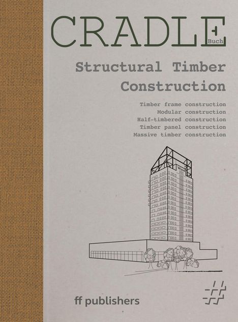 "CRADLE Buch. Structural Timber Construction. Timber frame, Modular, Half-timbered, Panel, Massive. ff publishers." Illustration eines Gebäudes mit Bäumen.