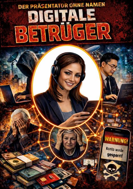 Texte: „Der Präsentator ohne Namen. Digitale Betrüger. Warnung! Konto wurde gesperrt!” Illustration von Online-Betrugsszenen.