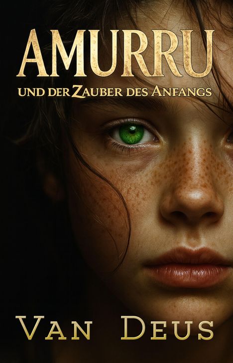 Text: "AMURRU und der Zauber des Anfangs. Van Deus." Ein Gesicht mit grünen Augen und Sommersprossen im Fokus.