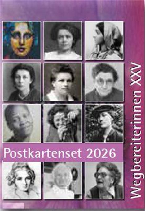 Postkartenset 2026, Wegbereiterinnen XXV. Zwölf historische Frauenporträts in einem Raster.