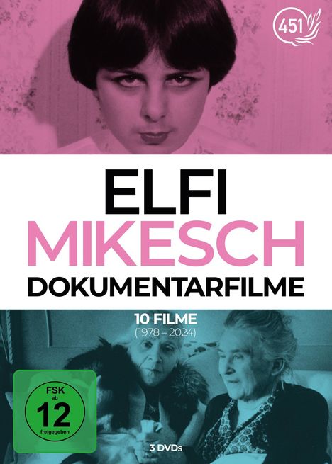 ELFI MIKESCH DOKUMENTARFILME, 10 Filme (1978–2024), FSK ab 12 Jahre, 3 DVDs. Collage mit rosa und blauen Bildern und Logo.