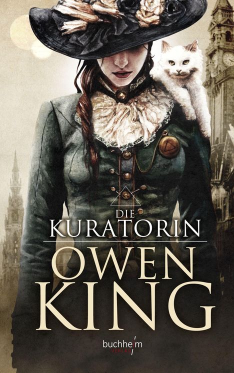 "Die Kuratorin Owen King" steht in großen Buchstaben. Eine Frau mit Hut und Katze auf der Schulter. Vintage-Stil.