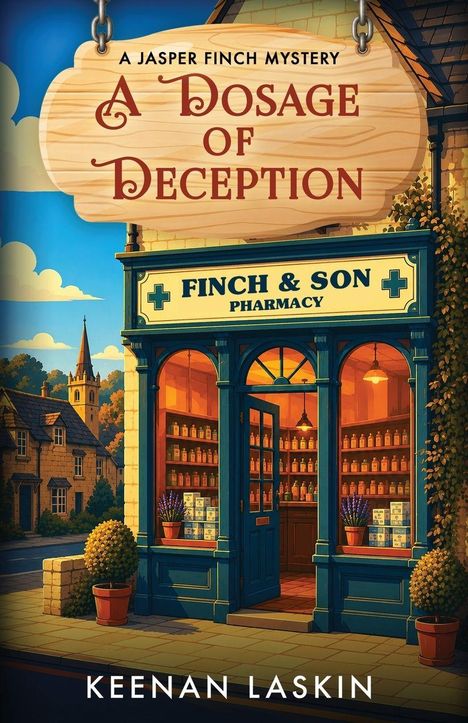 Titel: "A Dosage of Deception". Apotheke "Finch & Son Pharmacy". Autor: Keenan Laskin. Charmanter Dorfplatz.