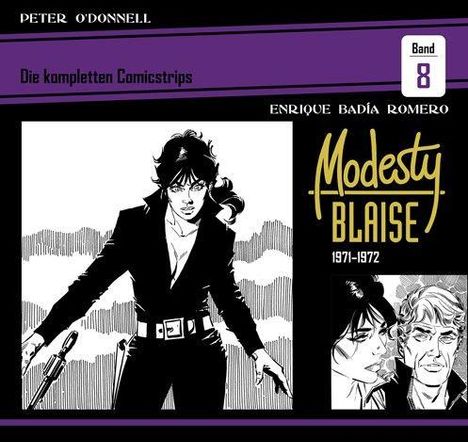 „Die kompletten Comicstrips, Band 8. Modesty Blaise 1971-1972.“ Illustration mit Frau in schwarzer Kleidung.