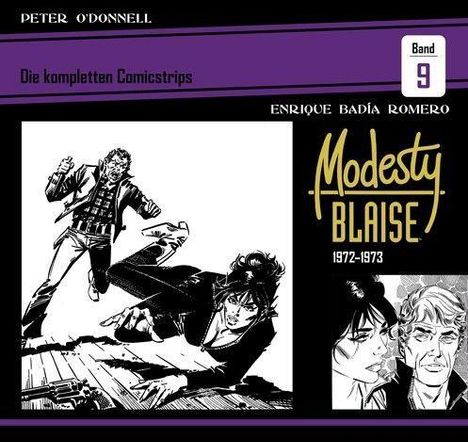 "Modesty Blaise Band 9", Schwarz-Weiß-Comic-Strips mit einer Frau in Aktion. Namen: Peter O'Donnell, Enrique Badía Romero.