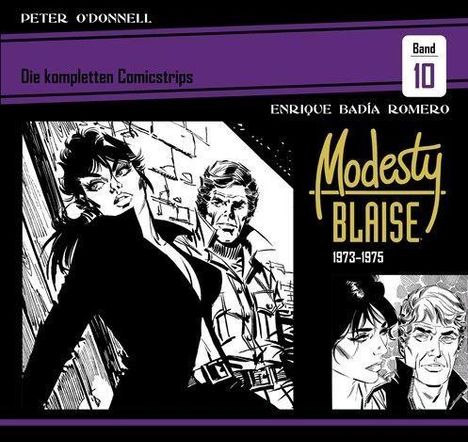 Oben: "Peter O'Donnell", "Die kompletten Comicstrips", "Band 10".  
Unten: Zeichnungen von zwei Figuren, "Modesty Blaise 1973-1975".