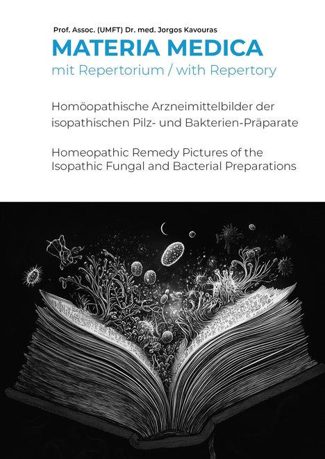 „MATERIA MEDICA mit Repertorium / with Repertory“. Illustration: Ein Buch mit organischen Formen, die daraus hervorkommen.
