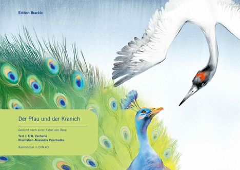 "Der Pfau und der Kranich" – Fabeltext. Bunte Illustration mit Pfau und fliegendem Kranich, leuchtende Federn, dynamische Szene.