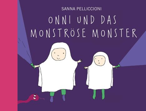 Illustration: Zwei Kinder im Gespensterkostüm mit Taschenlampen. Eine rote Schlange blickt nach oben. Text: „Onni und das Monströse Monster“.