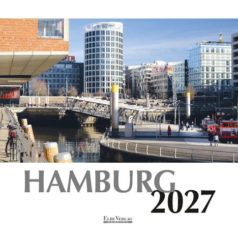 Text: "HAMBURG 2027, ELBE VERLAG." Moderne Stadtansicht mit Wasser, Brücke und Gebäuden im Hintergrund.