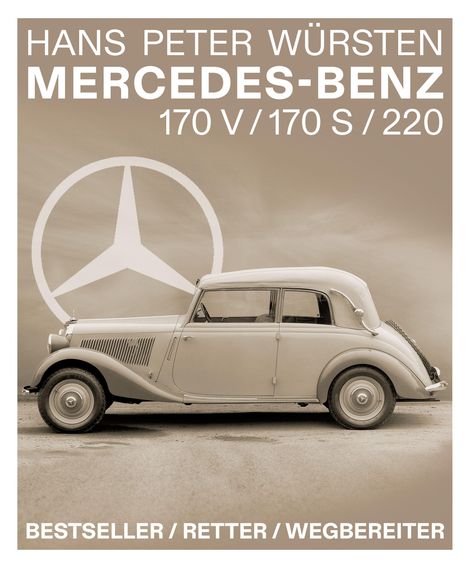 Hans Peter Würsten; Mercedes-Benz 170 V / 170 S / 220; Bestseller / Retter / Wegbereiter; Oldtimer seitlich vor Logo.