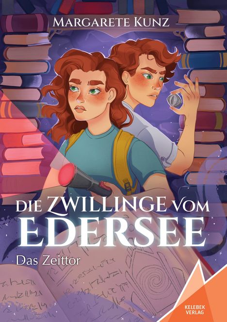 "Margarete Kunz. Die Zwillinge vom Edersee. Das Zeittor." Zwei Jugendliche, Lichtstrahl, Bücher, künstlerische Darstellung.