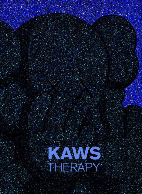 Text: "KAWS THERAPY". Dunkle Silhouette einer Figur, bedeckt mit glitzernden blauen Punkten.