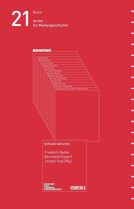 Titel: "Infrastrukturen". Autoren: Friedrich Balke, Bernhard Siegert, Joseph Vogl. Roter Hintergrund mit weißen Texten.