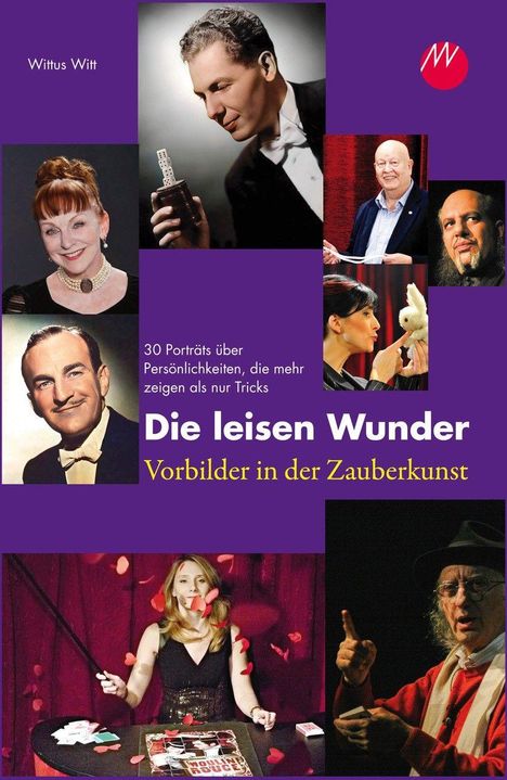"Die leisen Wunder: Vorbilder in der Zauberkunst" zeigt Porträts von Zauberkünstlern auf lila Hintergrund.