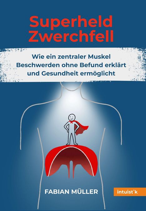 „Superheld Zwerchfell“ in Rot, darüber ein Strichmännchen mit rotem Umhang auf einem roten Zwerchfell, blauer Hintergrund.