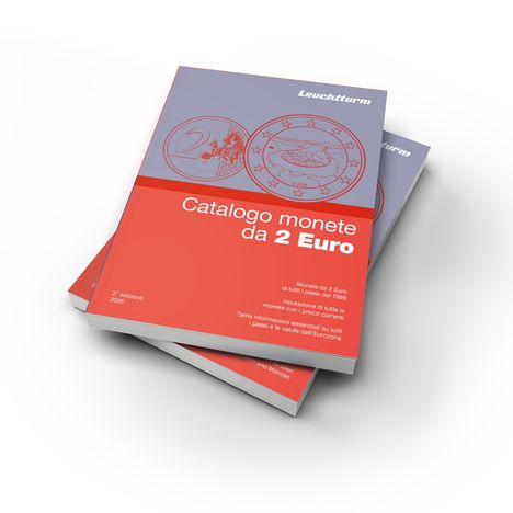 Auf einem Buchcover steht "Catalogo monete da 2 Euro". Illustration von Münzen oben, hauptsächlich in Rot und Grau.