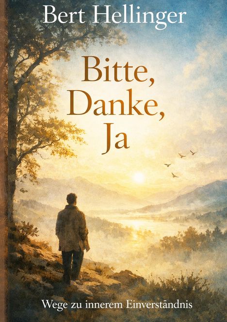 Text: "Bert Hellinger", "Bitte, Danke, Ja", "Wege zu innerem Einverständnis". Illustration: Person blickt auf Berglandschaft.