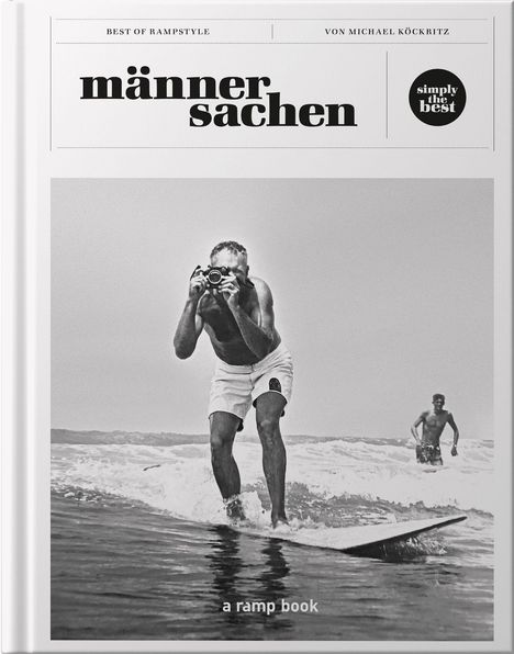 Titel: "männer sachen"; oben: "BEST OF RAMPSTYLE"; Schwarz-Weiß-Foto: Mann surft, hält Kamera.