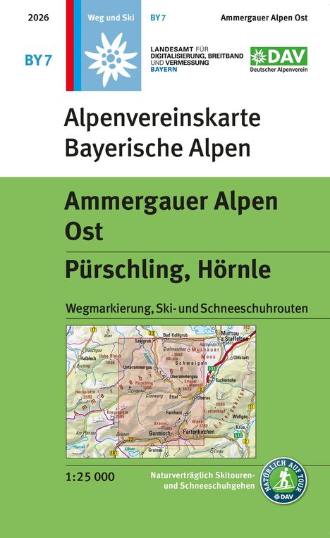 Alpenvereinskarte Bayerische Alpen, Ammergauer Alpen Ost, Maßstab 1:25 000, enthält Kartenabschnitt und DAV-Logo.