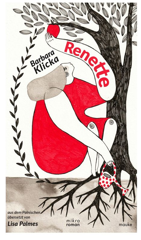 „Renette“, „Barbara Klicka“, „Lisa Palmes“, „mikro roman“, „mauke“. Illustration: Frau in Rot hält roten Apfel unter Baum.