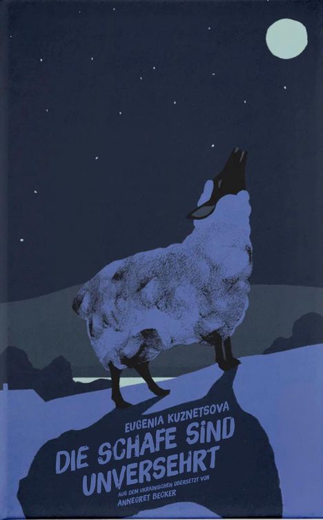"Eugenia Kuznetsova - Die Schafe sind unversehrt" steht in Blau. Illustration: Schaf im Mondschein, umgeben von Sternen.