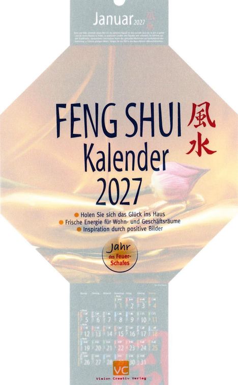 Januar 2027, Feng Shui Kalender 2027, Jahr des Feuer-Schafes. Holen Sie sich das Glück ins Haus.