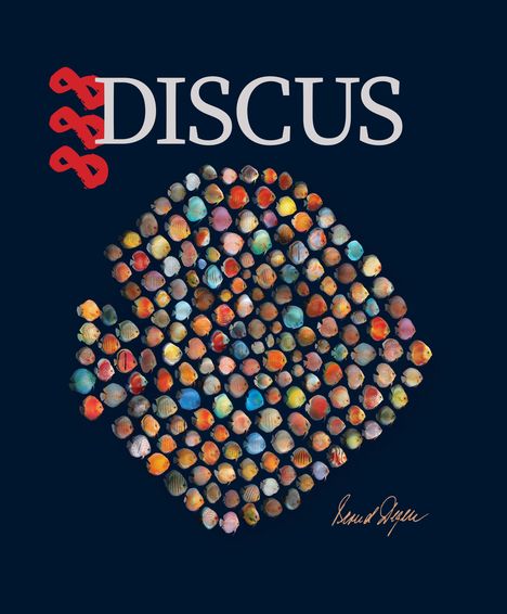 Text: DISCUS. Oben links drei rote Symbole. Darstellung vieler bunter, runder Objekte, die an Fische erinnern.