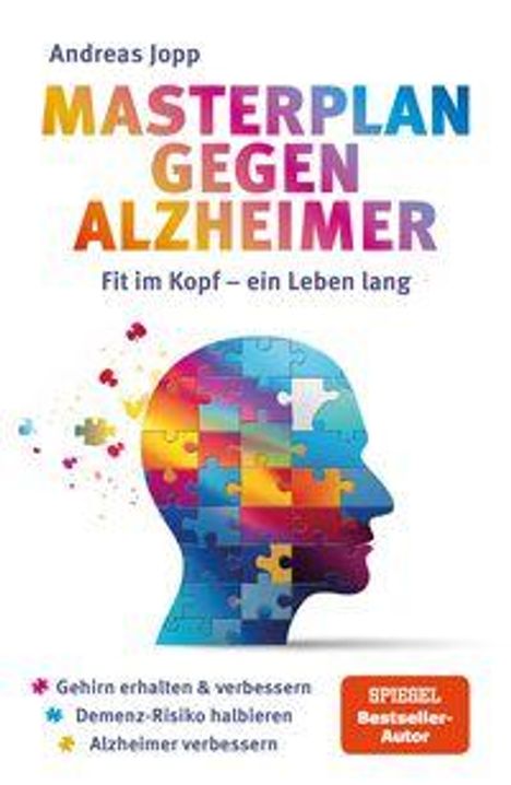 "Masterplan gegen Alzheimer: Fit im Kopf – ein Leben lang. Gehirn erhalten, Demenz-Risiko halbieren, Alzheimer verbessern." Ein Puzzle-Profilbild.