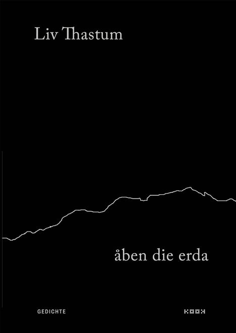 Weiße Schrift auf schwarzem Hintergrund: "Liv Thastum", "åben die erda", unten "GEDICHTE". Dünne, unregelmäßige weiße Linie.
