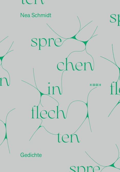 „Nea Schmidt“, „sprechen“, „in“, „flechten“, „Gedichte“. Gestaltung mit grünen, fließenden Linien und Buchstaben.