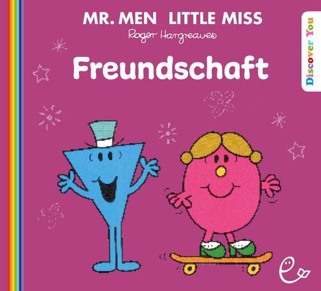 Text: "MR. MEN LITTLE MISS, Roger Hargreaves, Freundschaft." Illustration: Zwei fröhliche Figuren auf lila Hintergrund.