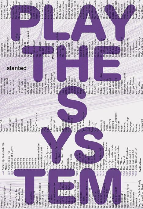 Text: „PLAY THE SYSTEM”, „slanted“. Hintergrund: Viele kleine, diagonale Schriftzüge in Schwarz auf Weiß.