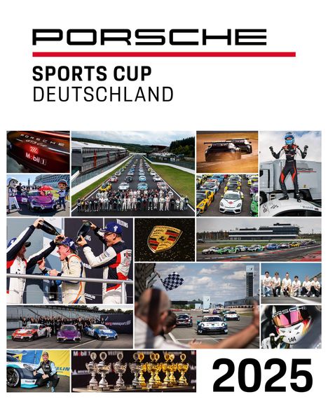 "Porsche Sports Cup Deutschland 2025" oben. Bilder mit Autos, Rennstrecken, Siegern und Pokalen in mehreren Quadraten.