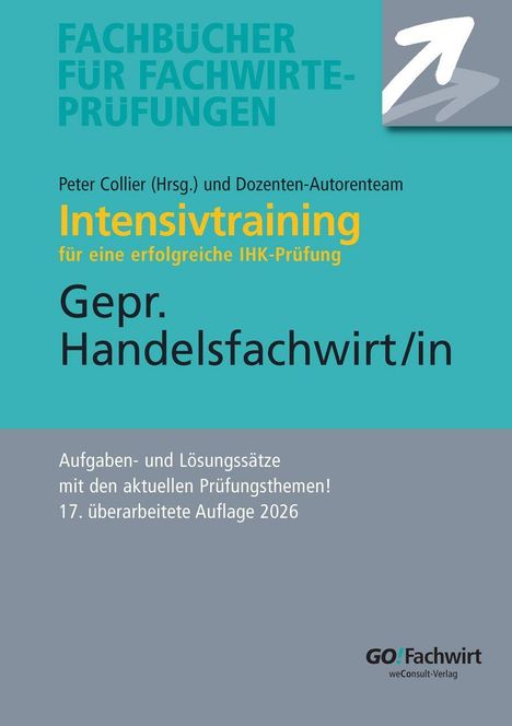 Text: "Intensivtraining Gepr. Handelsfachwirt/in", Cover in Türkis und Grau mit einem Pfeil-Symbol oben rechts.