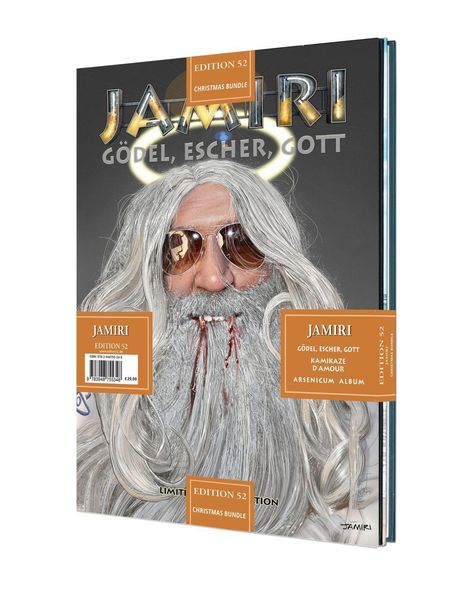 "Jamiri Edition 52, Christmas Bundle, Gödel, Escher, Gott." Illustration eines Mannes mit Brille und langem weißem Haar.