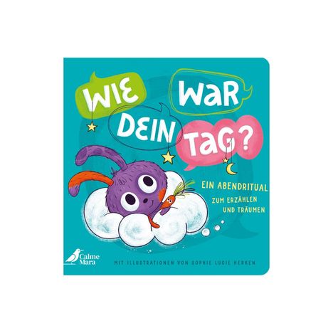 Text: "Wie war dein Tag? Ein Abendritual zum Erzählen und Träumen."
Illustration: Ein lila Wesen mit großen Augen auf einer Wolke.