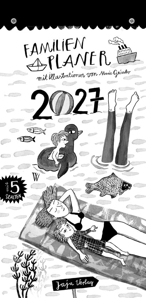 Familienplaner 2027, Illustration von Marie Geissler. Person auf Ente, Beine im Wasser, entspannte Figuren und Fische.