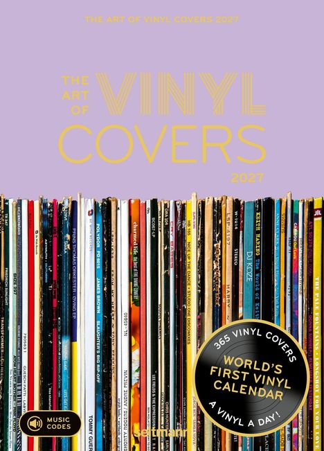 Text: "THE ART OF VINYL COVERS 2027", "WORLD'S FIRST VINYL CALENDAR". Darunter zahlreiche senkrecht stehende Schallplattencover.