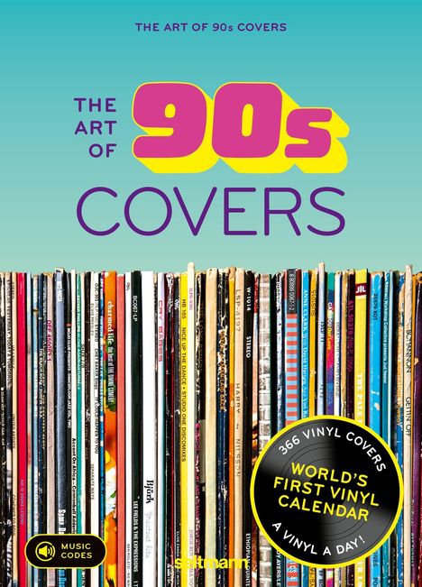 "The Art of 90s Covers" steht oben links, darunter ein Stapel bunter Plattencover. Ein runder Sticker sagt: "World's First Vinyl Calendar".
