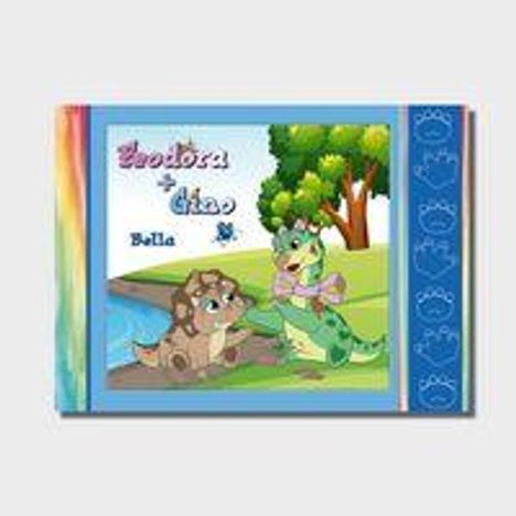 Theodora + Chao, Bella. Zwei niedliche Dinosaurier, die an einem Fluss spielen, im Hintergrund ein Baum.