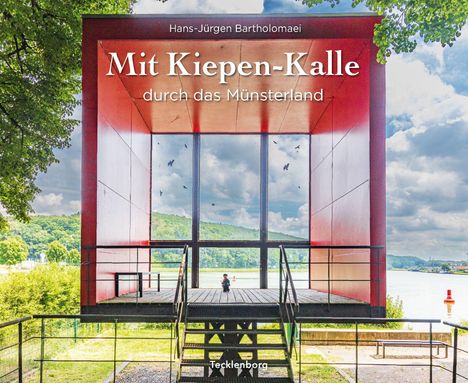 "Mit Kiepen-Kalle durch das Münsterland" von Hans-Jürgen Bartholomaei. Eine moderne rote Aussichtsplattform am Wasser.