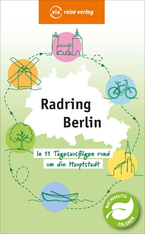 „Radring Berlin. In 11 Tagesausflügen rund um die Hauptstadt.“ Oben ein orangefarbenes Verlagslogo. Illustrationen: Gebäude, Fahrrad, Windmühle, Baum, Boot.